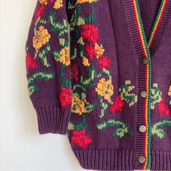 Vtg Robert Scott Women M Cardigan Knit Sweater Purple Floral Grandmacore Cottage - Picture 11 of 14